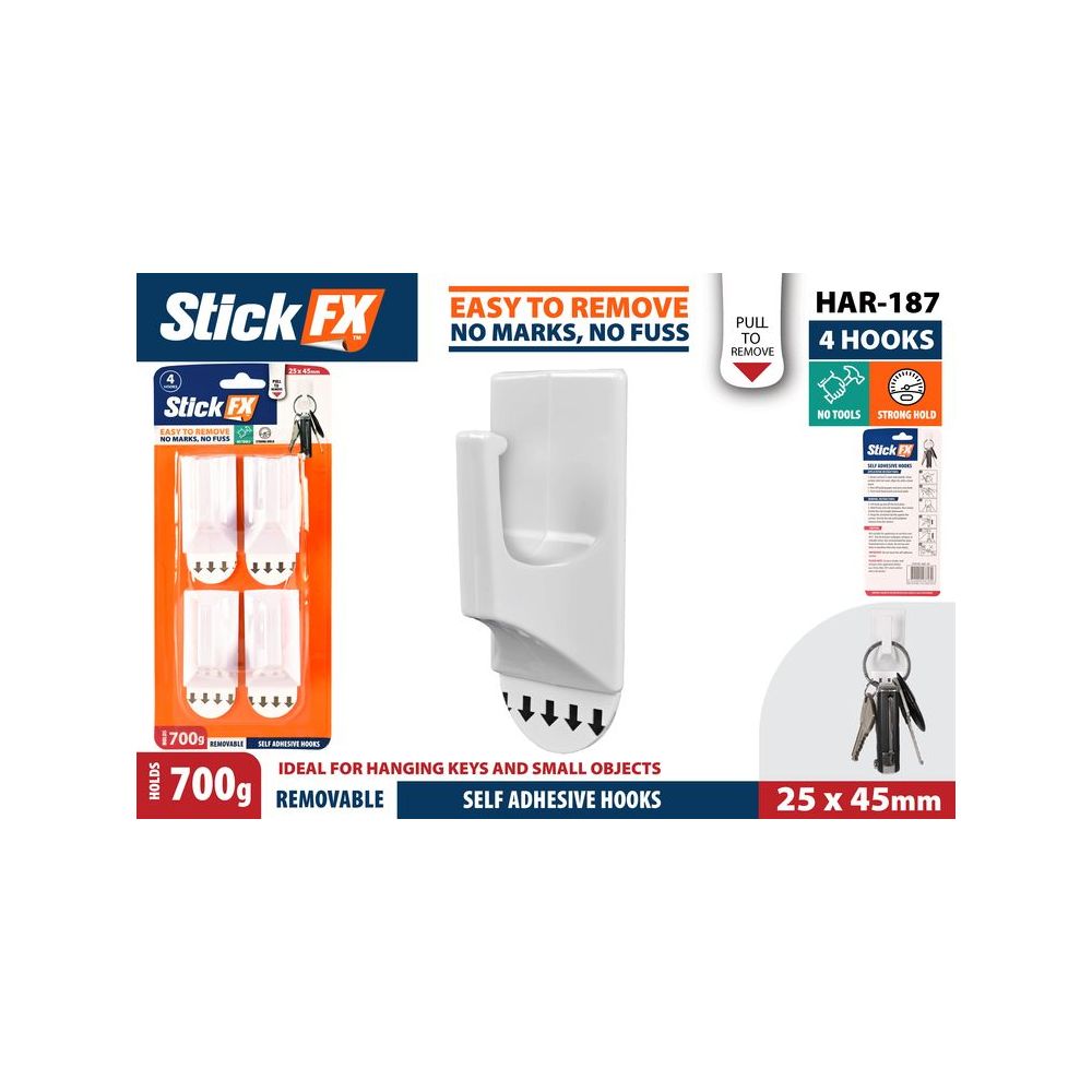 4 Pack Self-Adhesive Removable Hooks 25 x 45mm