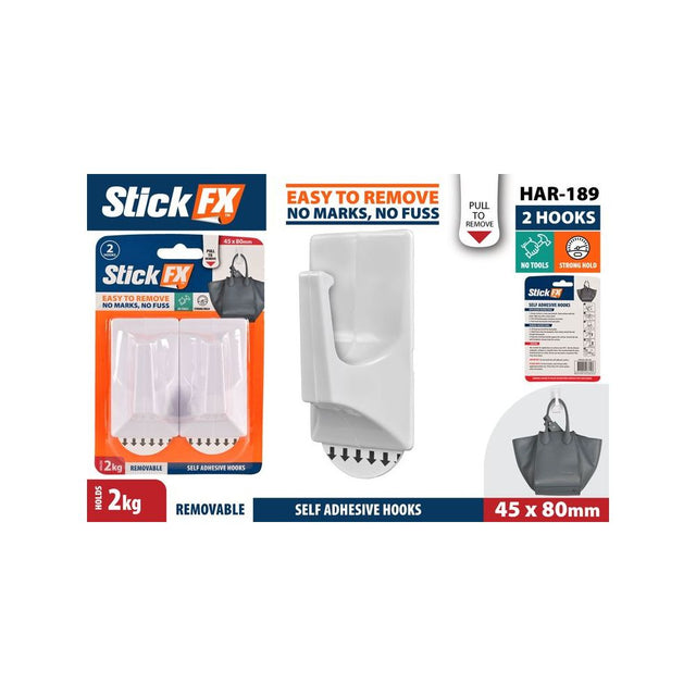 2 Pack Self-Adhesive Removable Hooks 45 x 80mm