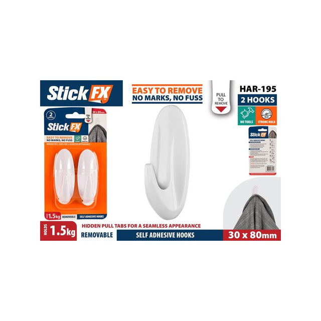 2 Pack Self-Adhesive Removable Hooks 30 x 80mm
