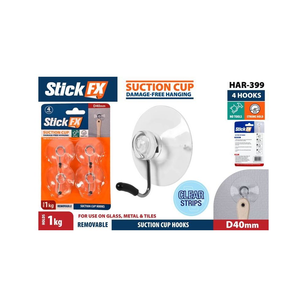 4 Pack Suction Cup Hooks 40mm