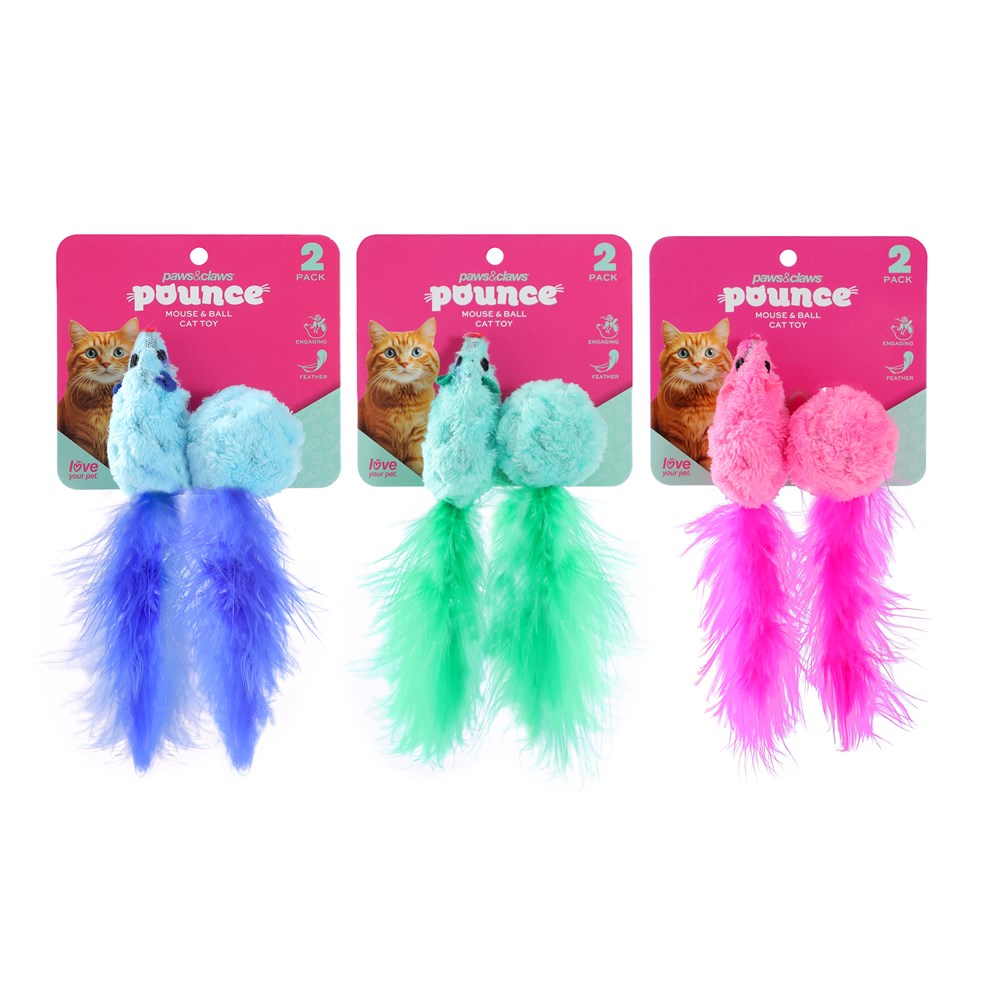 2 Pack Mouse and Ball Feather Cat Toy 15cm Assorted