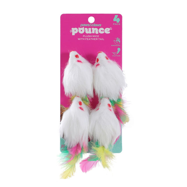 4 Pack Plush Mice Cat Toy with Feather Tail 9 x 5 x 4.3cm
