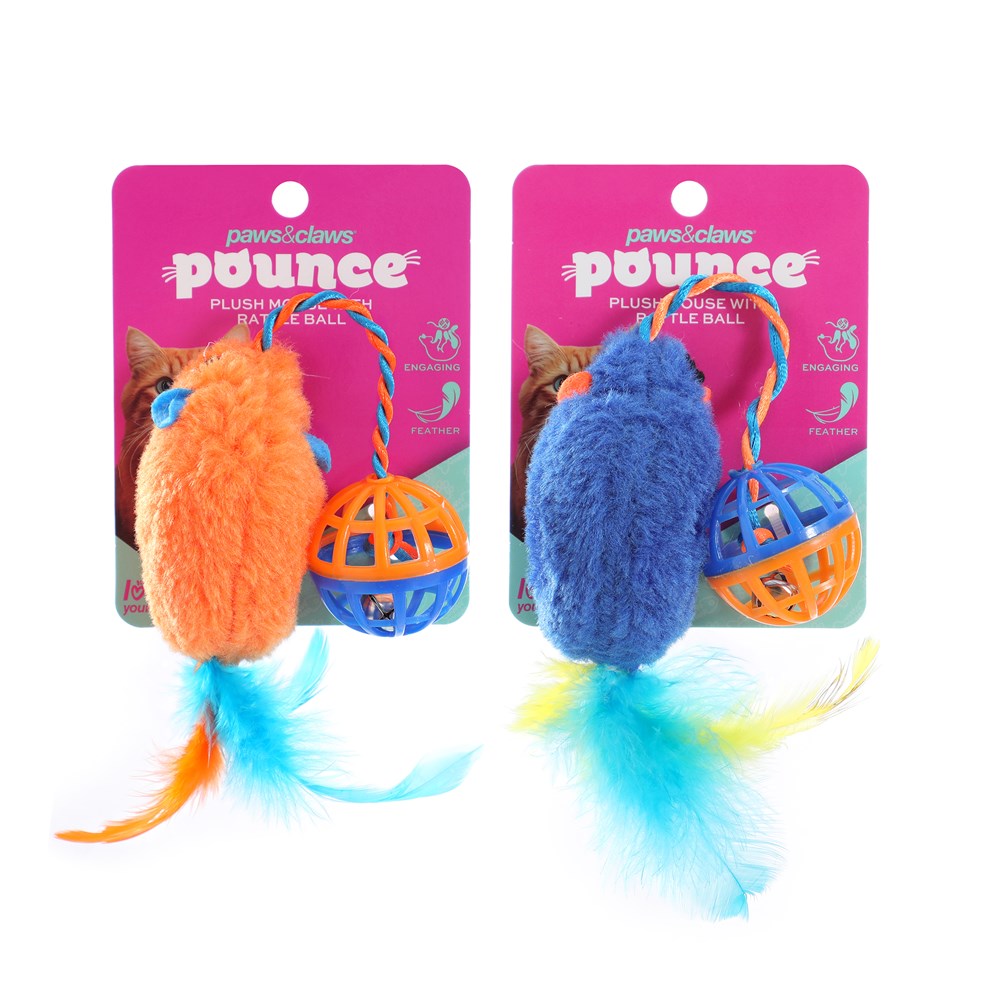 Pounce Plush Mouse Cat Toy with Rattle Ball 30cm 2 Assorted Colours