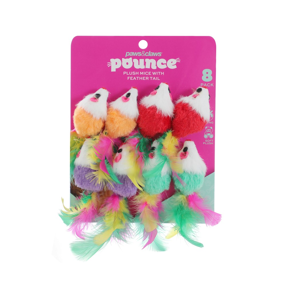8 Pack Plush Mice Feather Tail Cat Toy 10x4x4cm