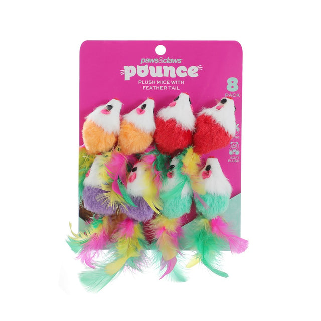 8 Pack Plush Mice Feather Tail Cat Toy 10x4x4cm