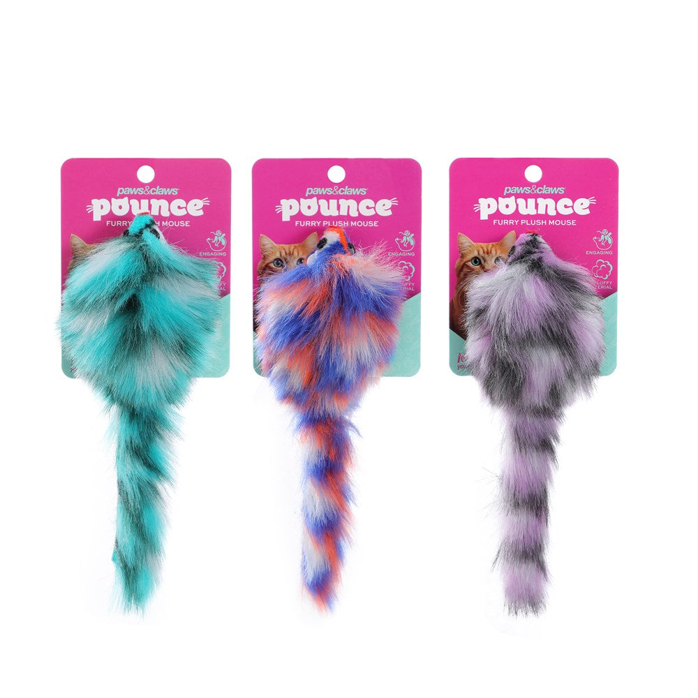Furry Plush Mouse Cat Toy 3 Assorted Colours 17 x 4cm