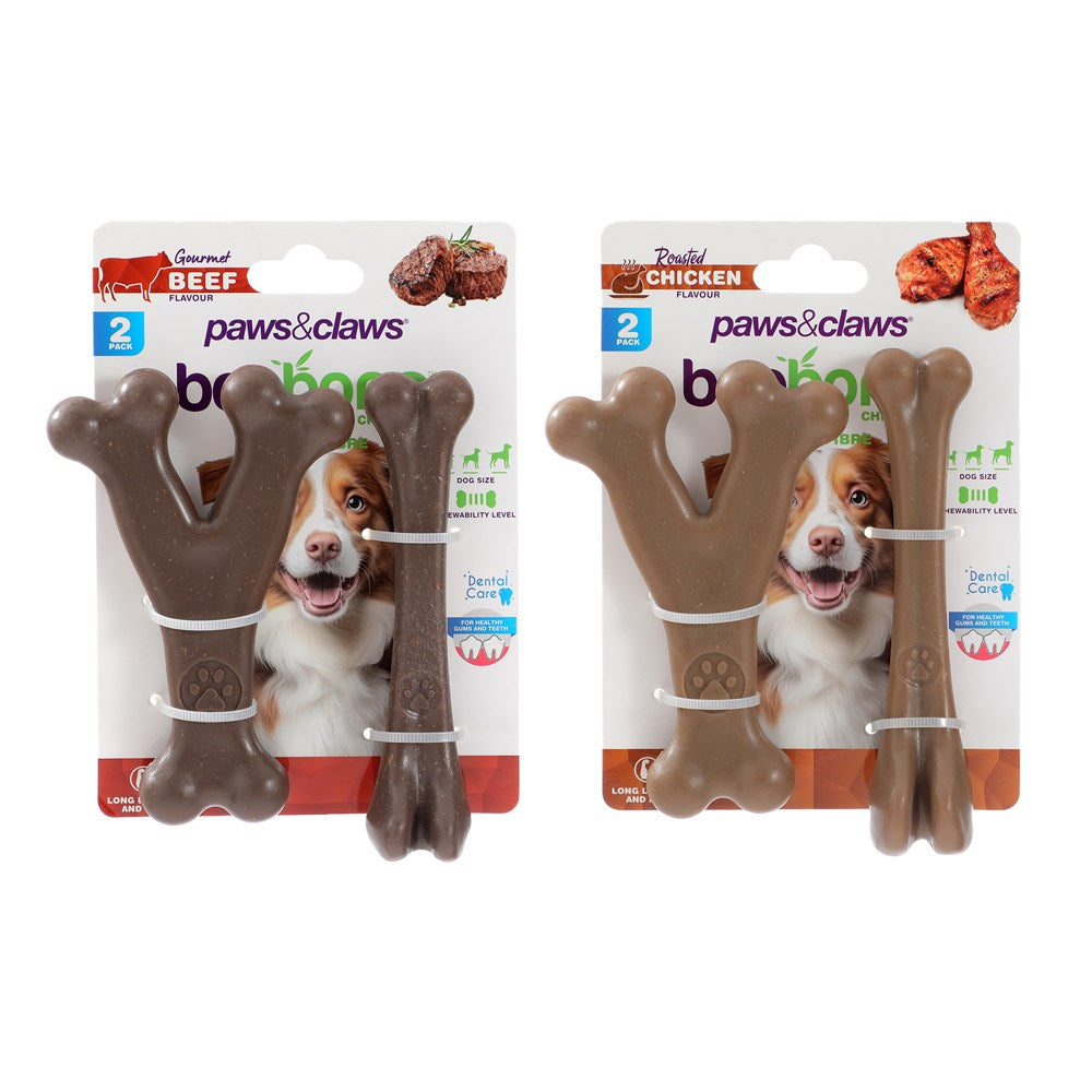 2 Pack Wishbone & Bone Dog Chew Toy Small Chicken & Beef Flavour