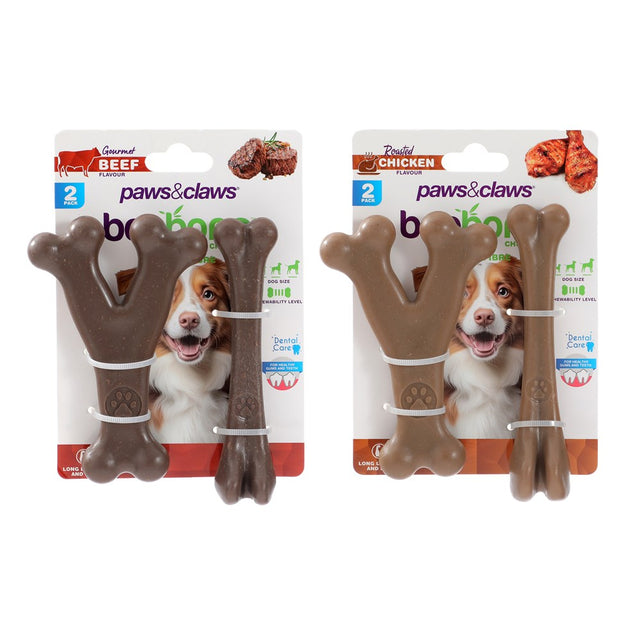 2 Pack Wishbone & Bone Dog Chew Toy Small Chicken & Beef Flavour