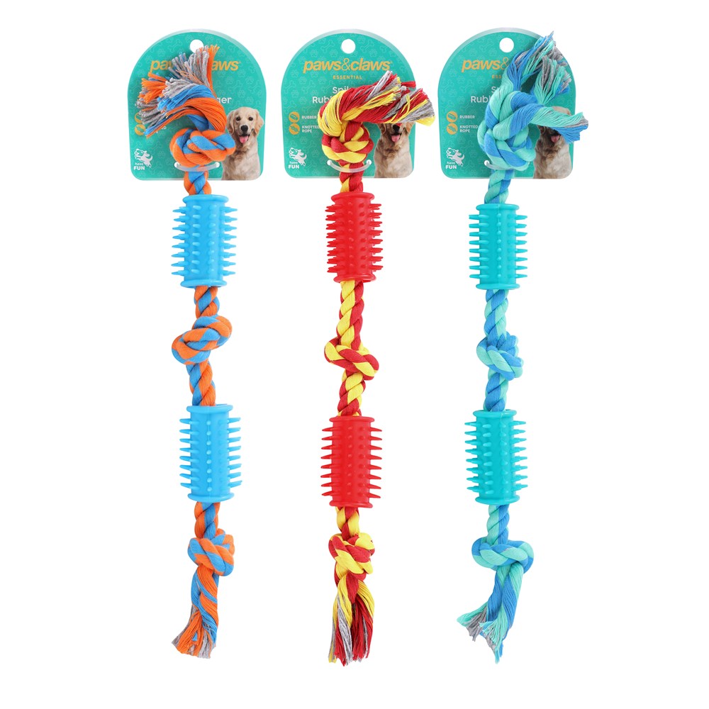 Rope and Spikey Rubber Tug Toy 40cm - 3 Assorted Designs