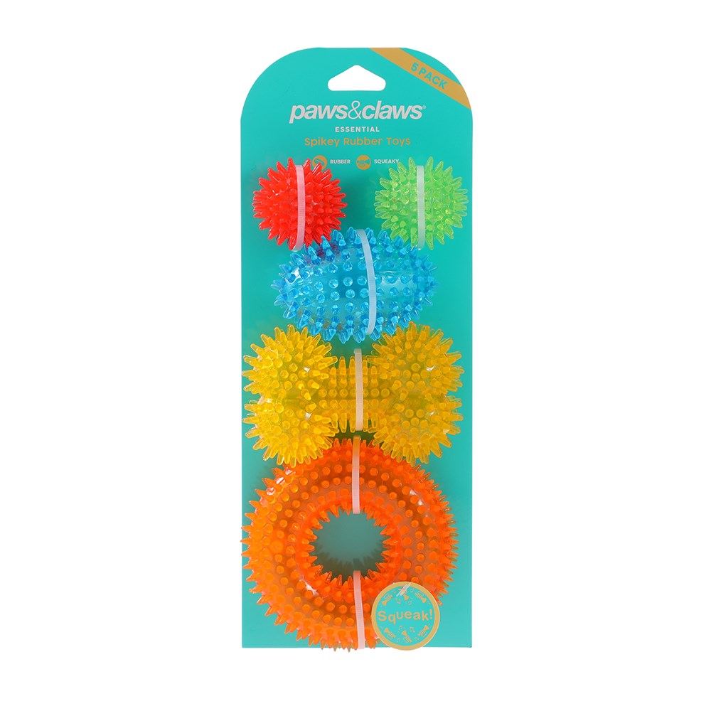 5 Pack Spikey TPR Squeaky Dog Toy Set