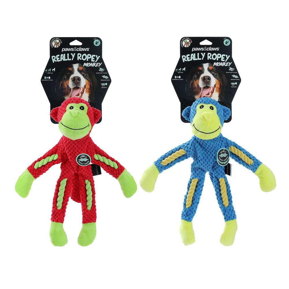 Ropey Plush Monkey Squeaky Dog Toy 2 Assorted Colours