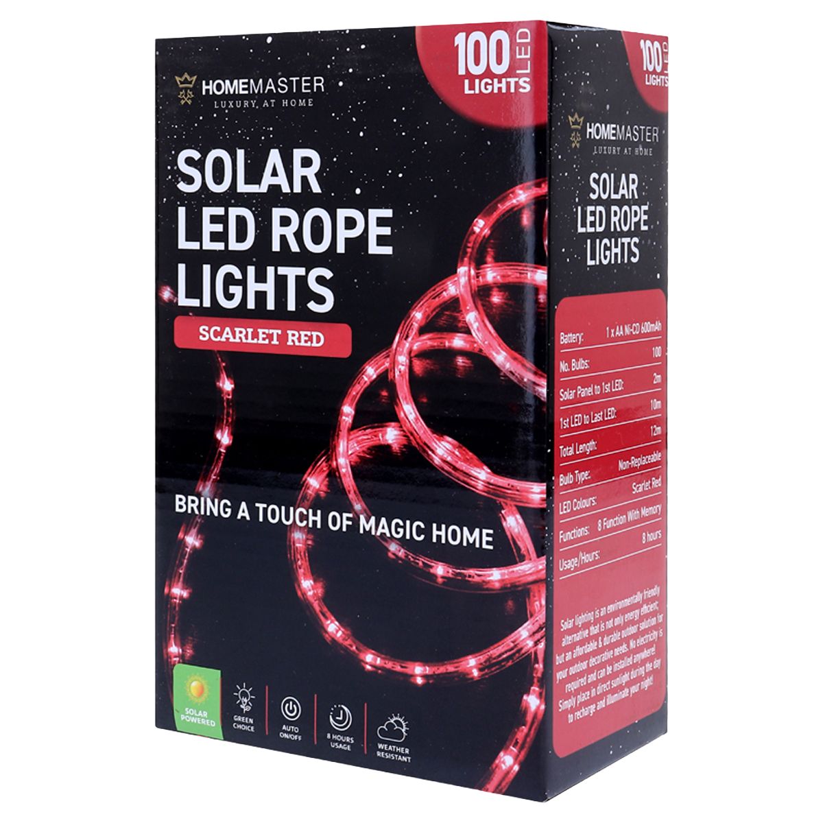 12m Solar LED Rope Lights - Scarlet Red