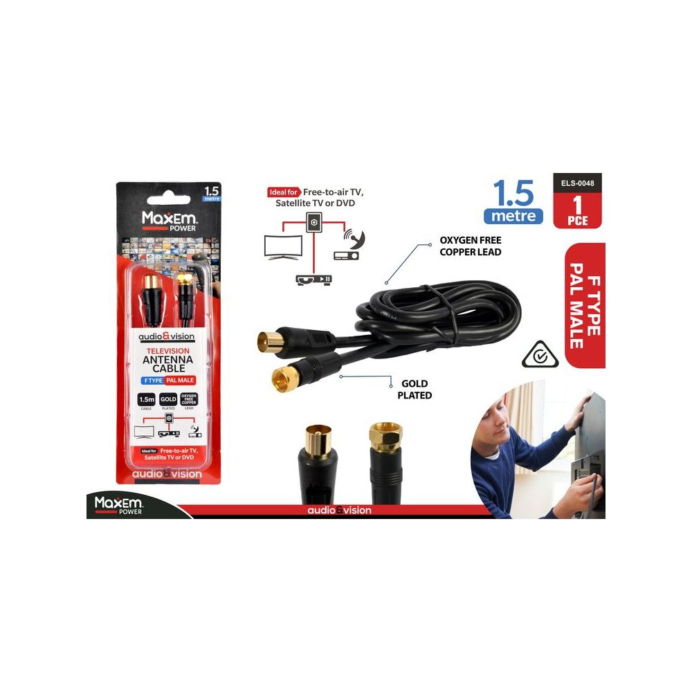 A/V F-Plug to PAL Plug Fly Lead 1.5m