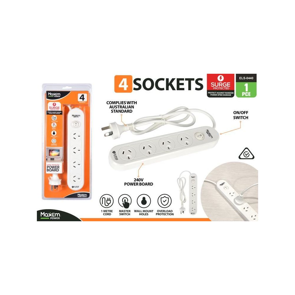 4 Way Powerboard with On/Off Switch and Surge Protection