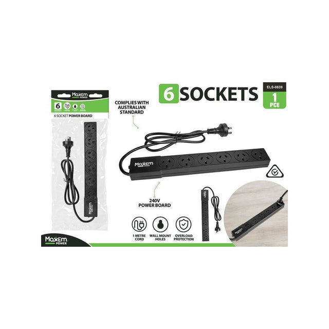 6 Way Powerboard with Overload Protection 1m Cord - Black
