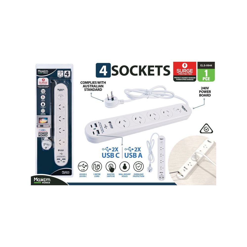 4 Way Powerboard with USB Charging and Surge Protection - White