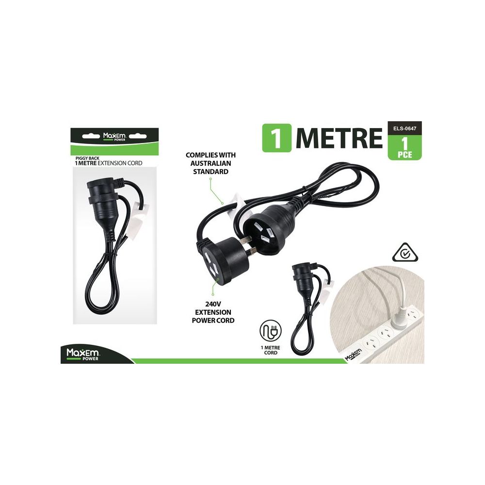 1m Extension Power Cord Piggyback - Black