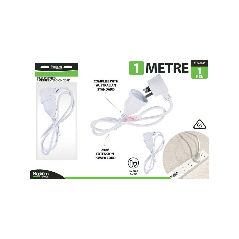 1m Extension Power Cord Piggyback - White