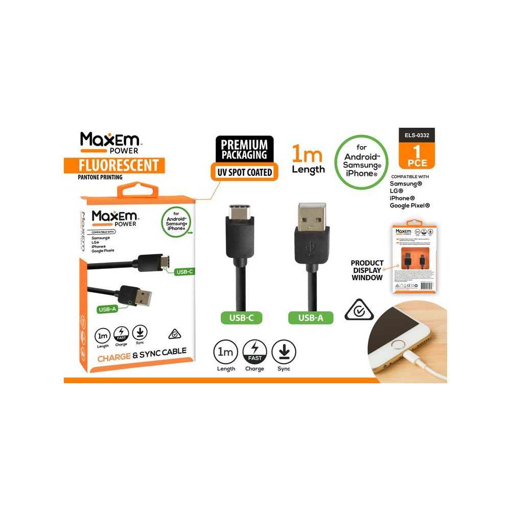 1m USB-A to USB-C Cable - Black