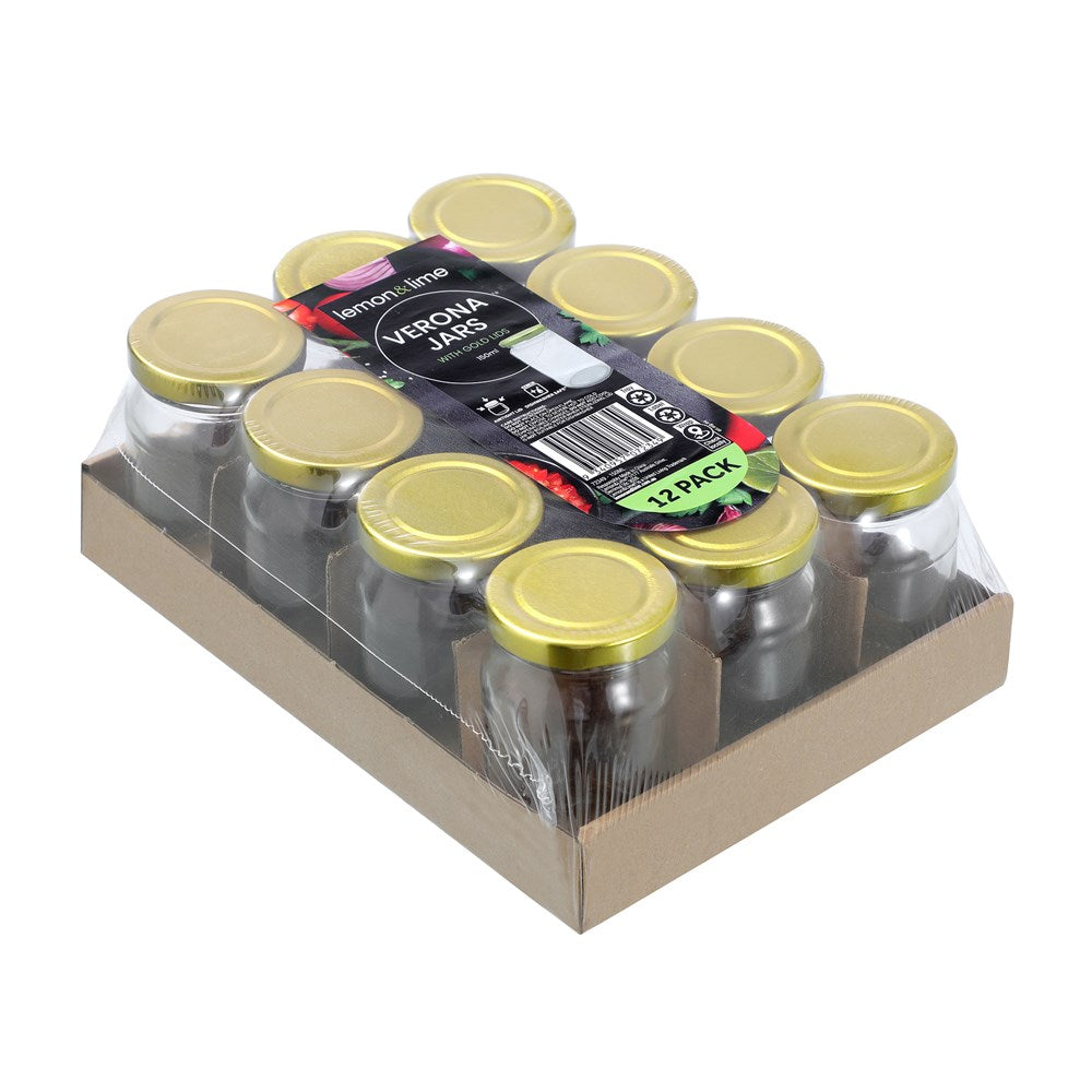 12 Pack Verona Glass Jar 150ml Gold Lid