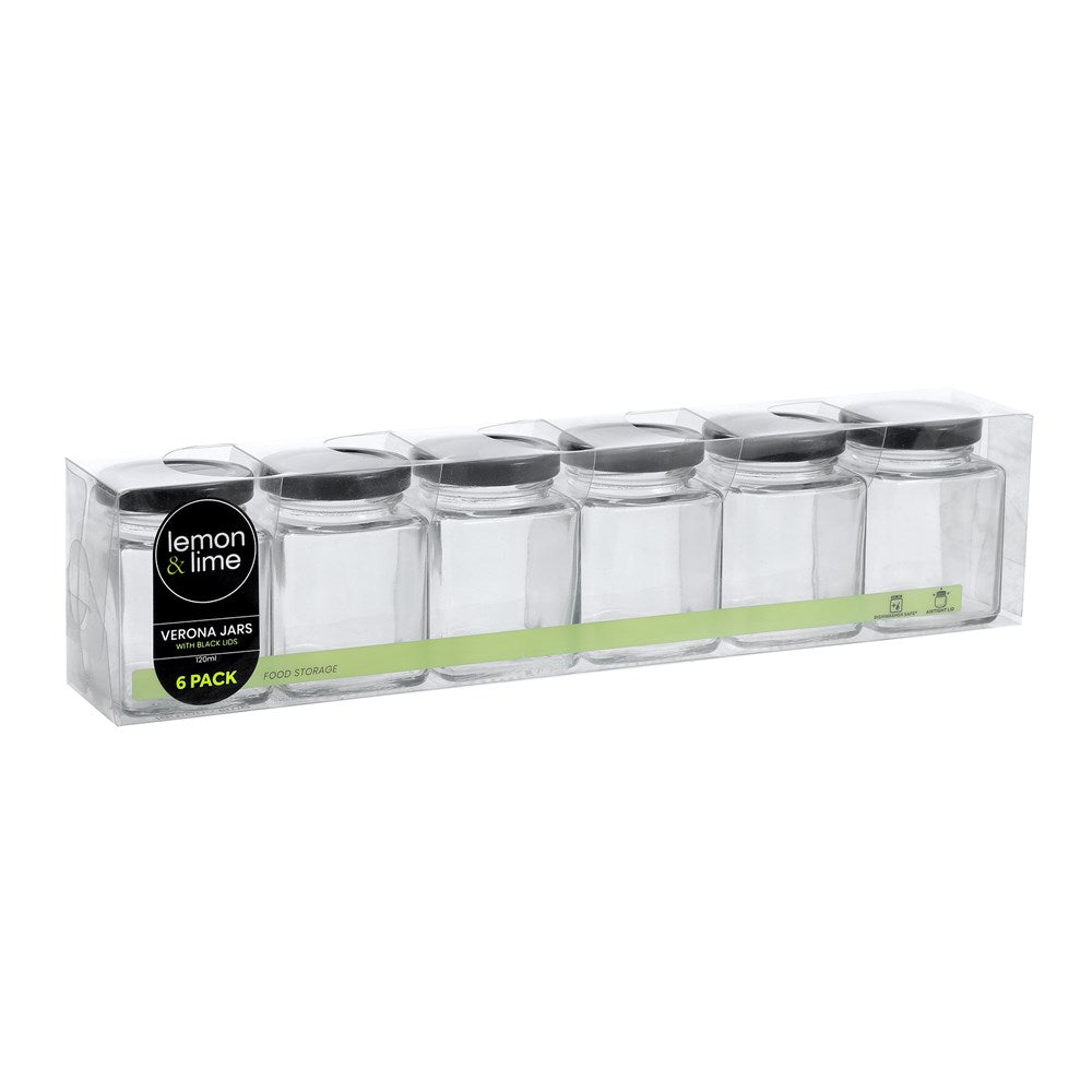 6 Pack Square Glass Jar 120ml Black Lid