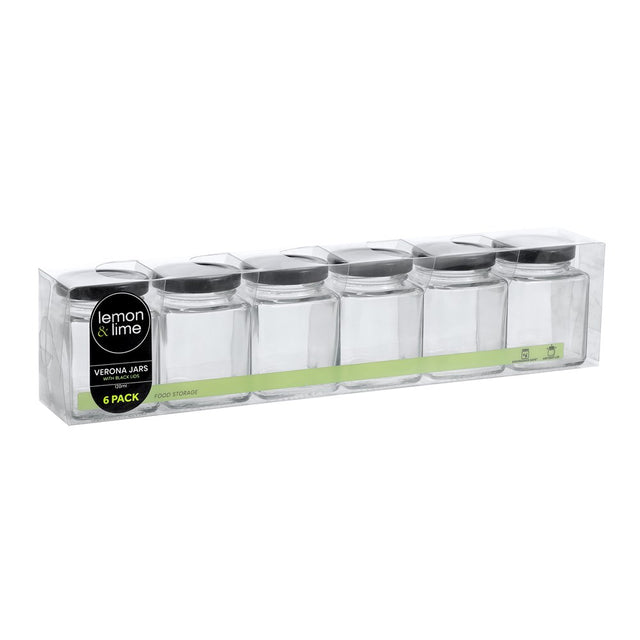 6 Pack Square Glass Jar 120ml Black Lid