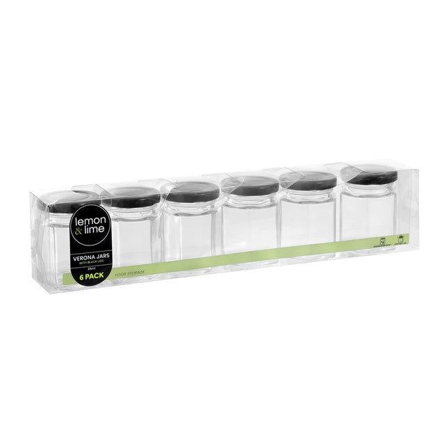 6 Pack Hex Glass Jar 95ml Black Lid