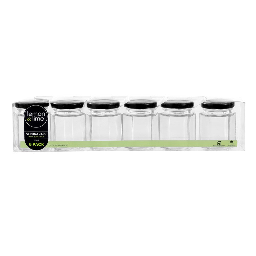 6 Pack Hex Glass Jar 95ml Black Lid