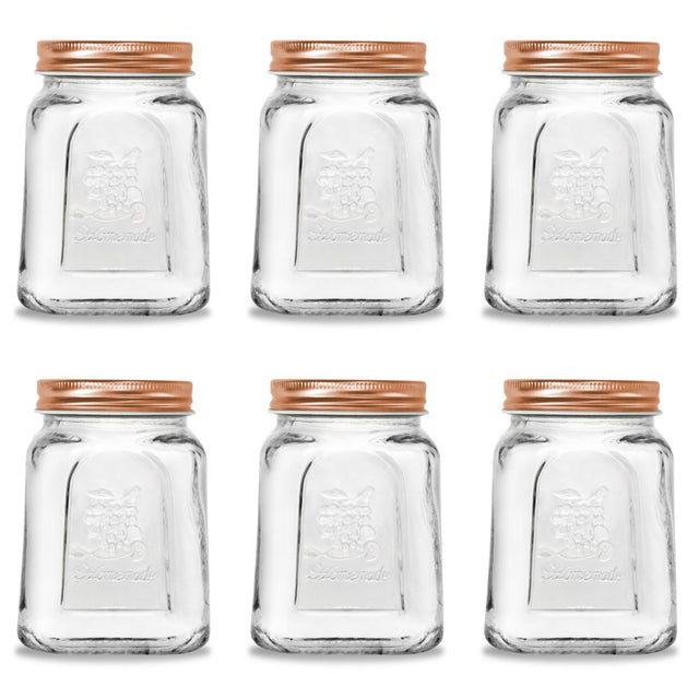 6 Pack Modena Square Glass Jar 475ml Rose Gold Lid