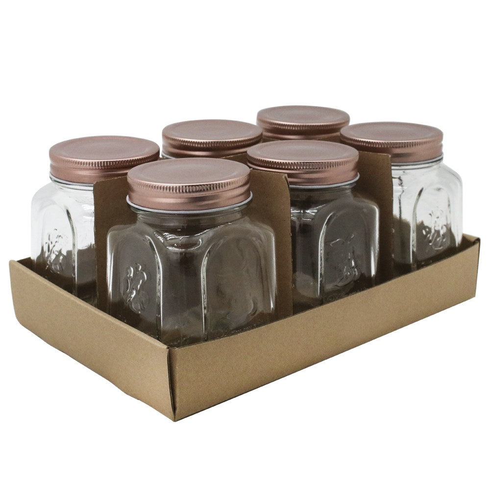 6 Pack Modena Square Glass Jar 475ml Rose Gold Lid
