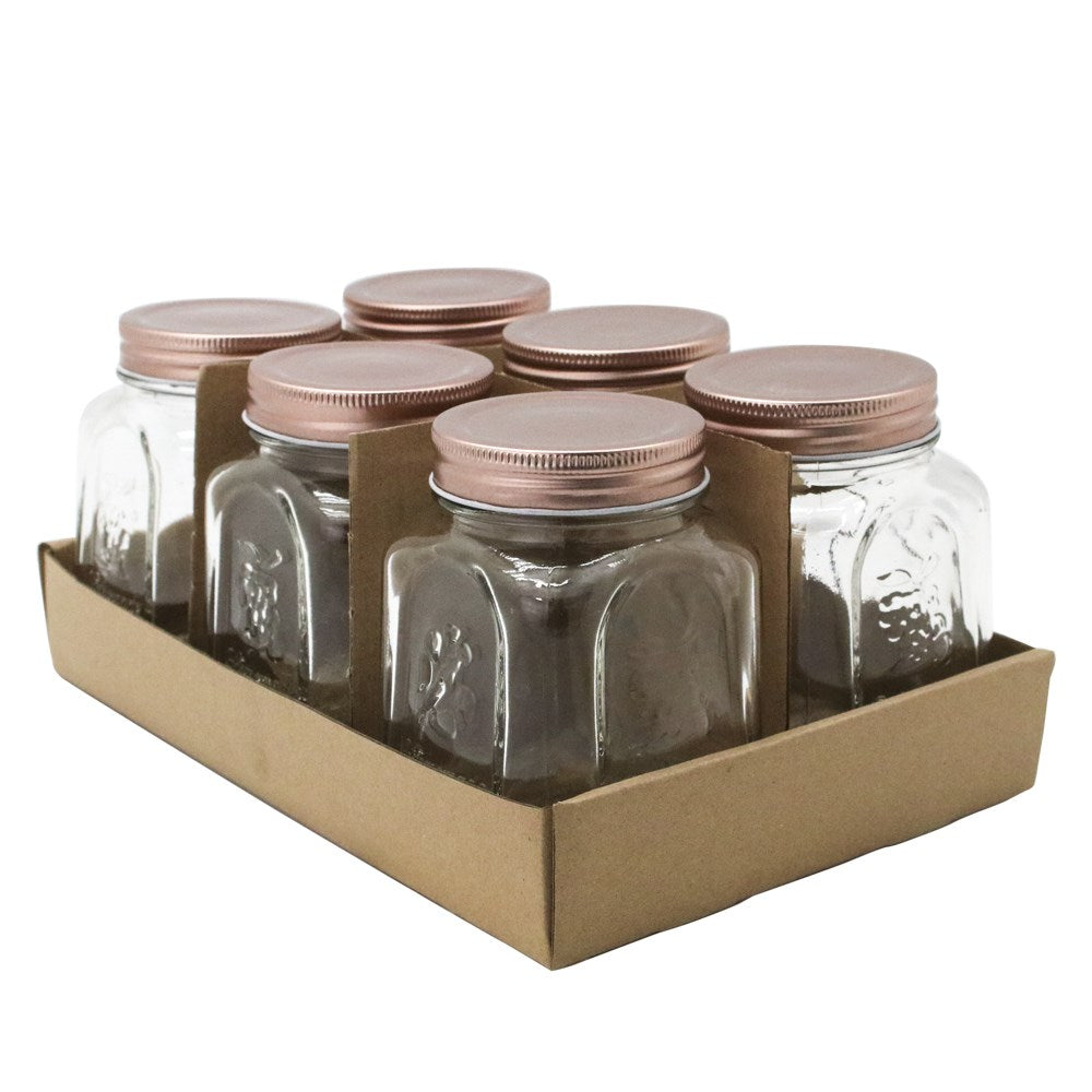6 Pack Modena Square Glass Jar 475ml Rose Gold Lid