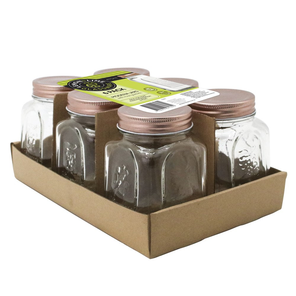6 Pack Modena Square Glass Jar 475ml Rose Gold Lid