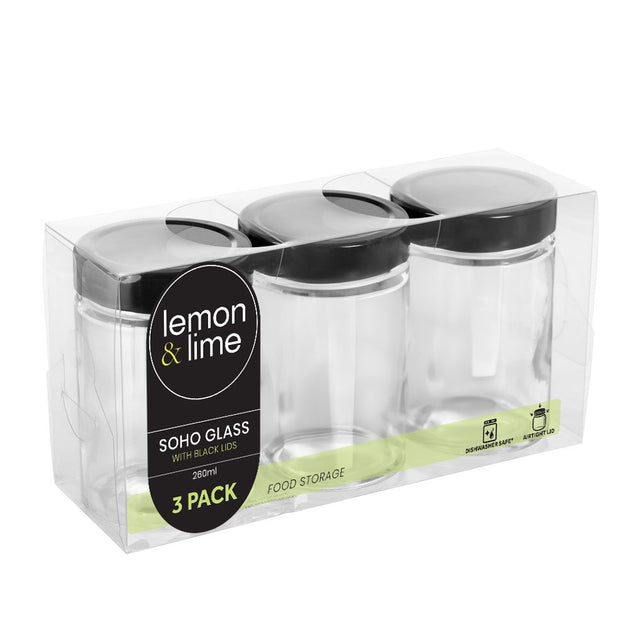 3 Pack Soho Glass Preserve Jar 260ML with Black Lid