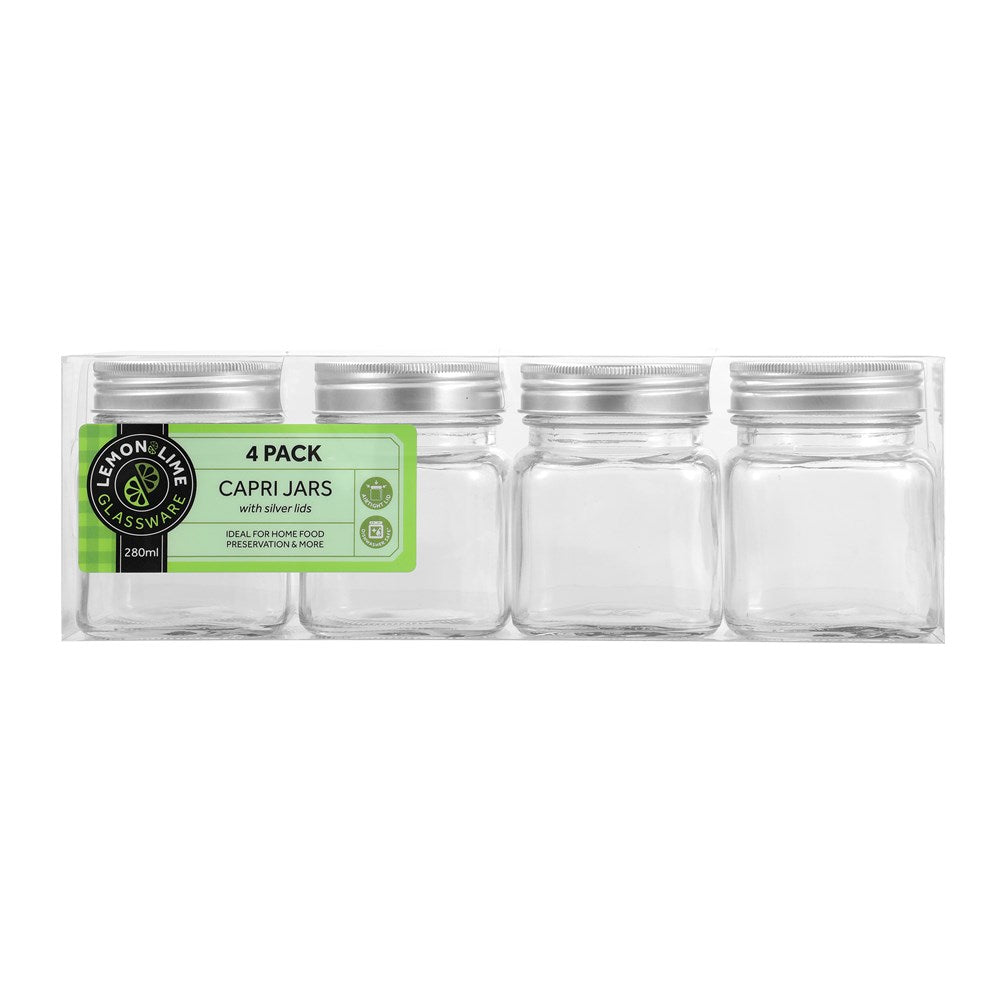 4 Pack Square Glass Jar 280mL Silver Lid