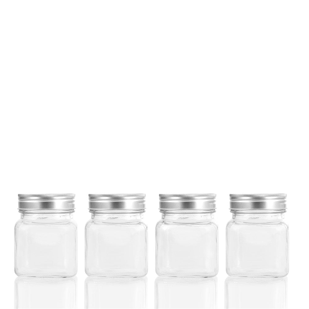 4 Pack Square Glass Jar 280mL Silver Lid
