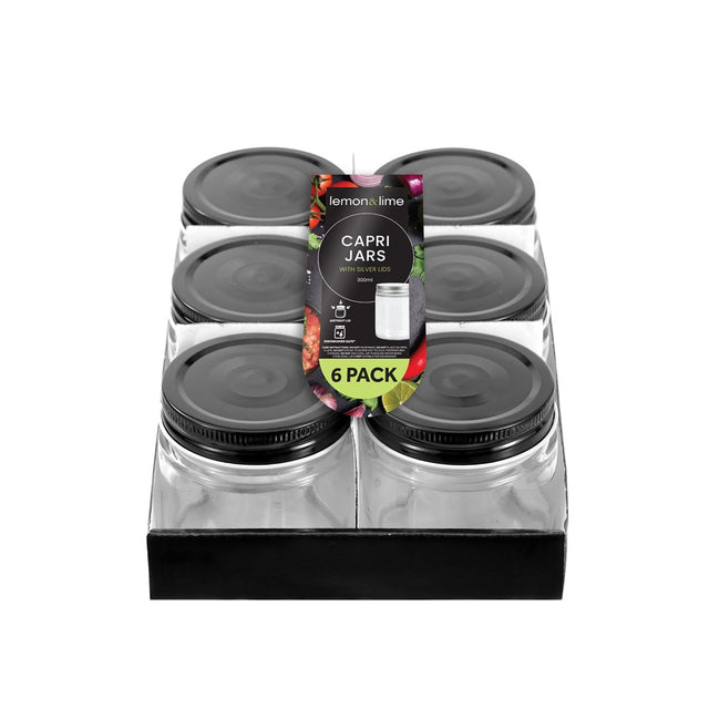 6 Pack Capri Glass Preserve Jar 200ML Black Lid