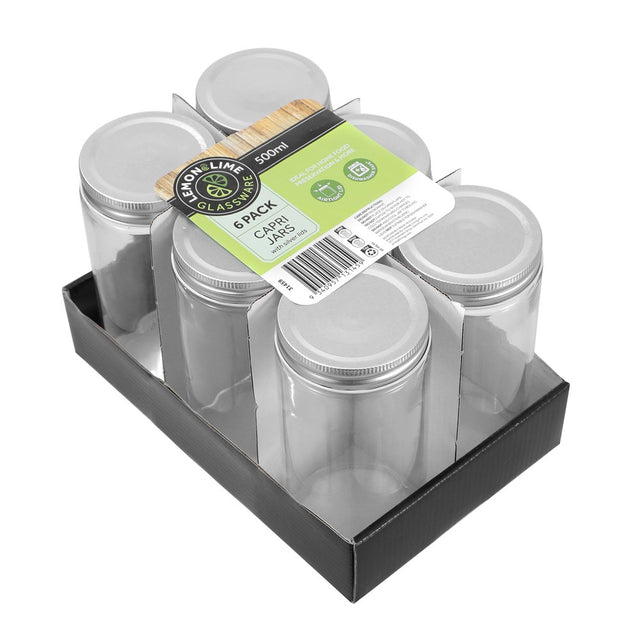 6 Pack Capri Glass Preserve Jar 500ml Silver Lid