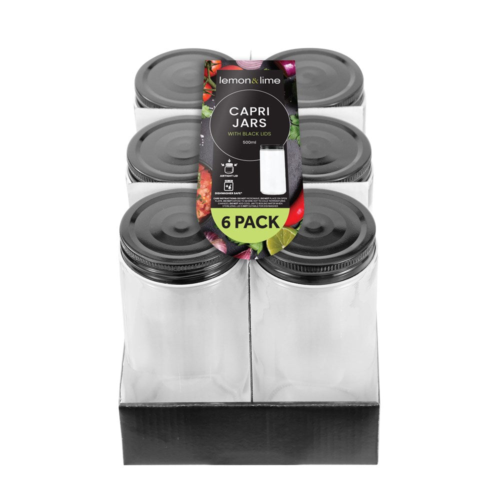 6 Pack Capri Glass Preserve Jar 500ml Black Lid