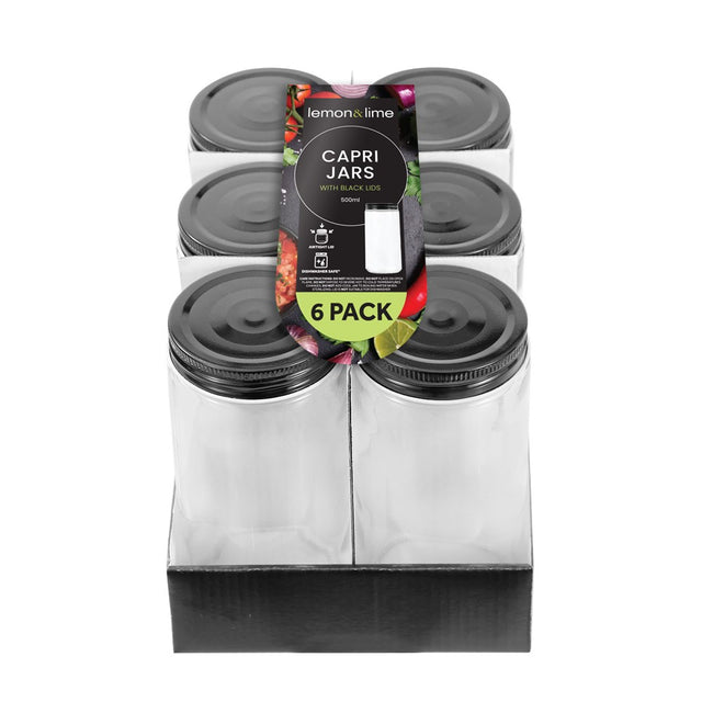 6 Pack Capri Glass Preserve Jar 500ml Black Lid