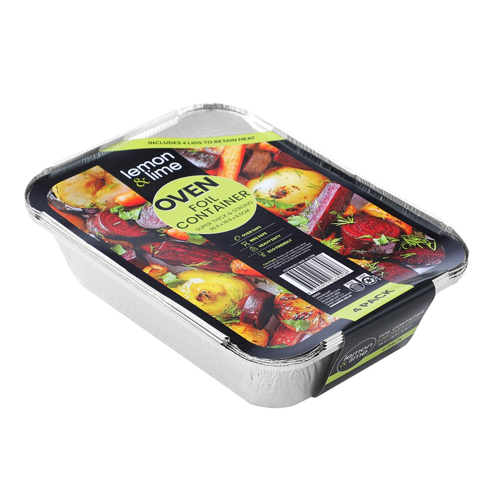 4 Pack Rectangle Foil Container With Lid 26.5cm x 19.5cm x 6.5cm