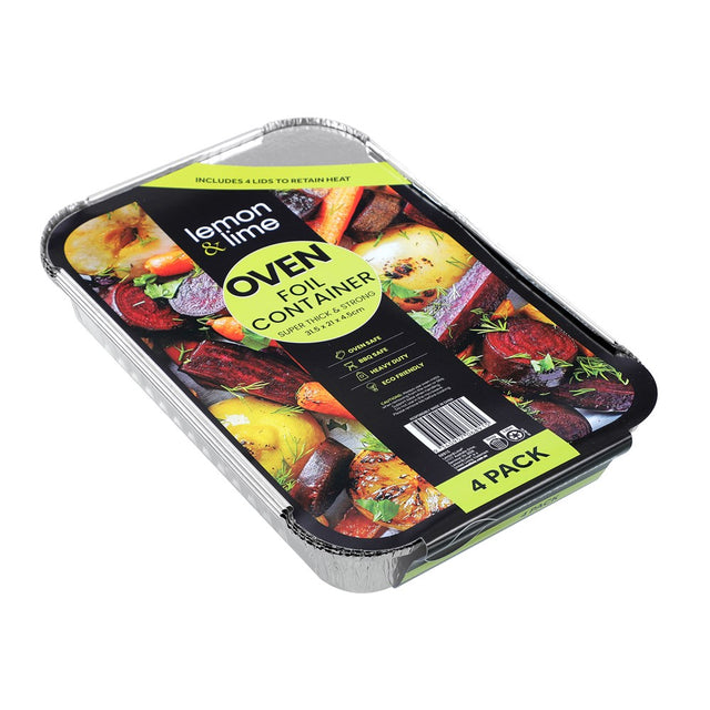 4 Pack Rectangle Foil Container with Lid 31.5cm x 21cm x 4.5cm