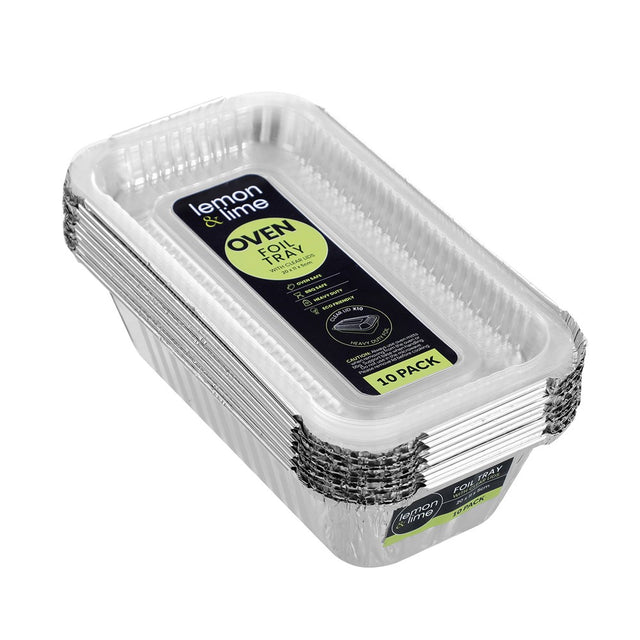 10 Pack Foil Tray With Plastic Lid 20cm x 11cm x 5cm