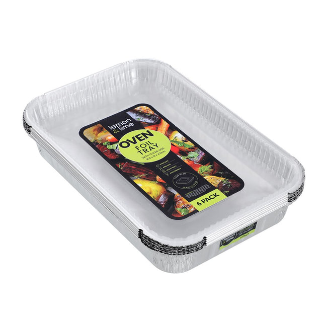 6 Pack Foil Tray With Plastic Lid 31.5cm x 21cm x 4.5cm