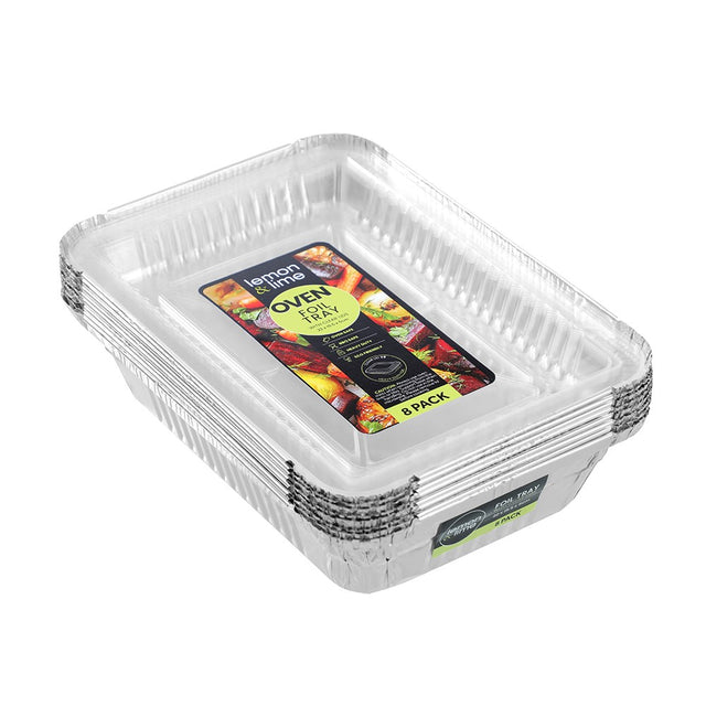 8 Pack Foil Tray with Plastic Lid 22cm x 15.5cm x 5cm