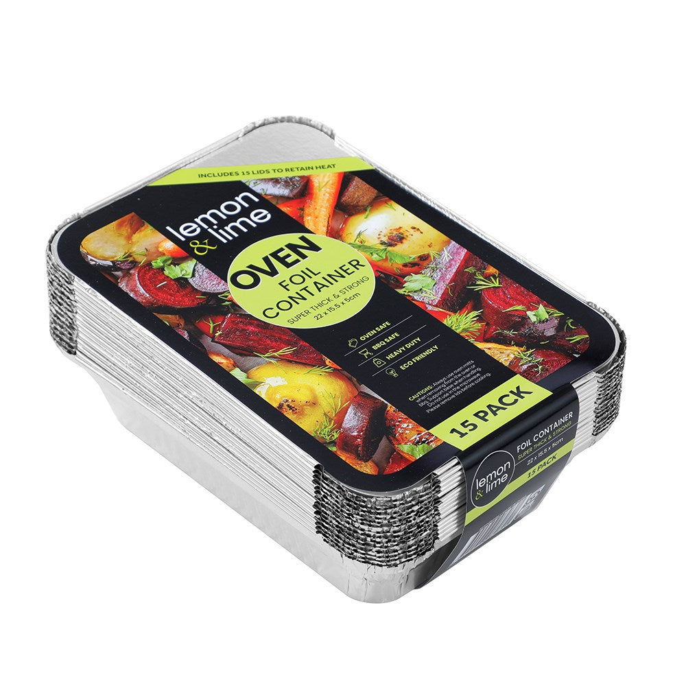 15 Pack Foil Container with Lid 22cm x 15.5cm x 5cm