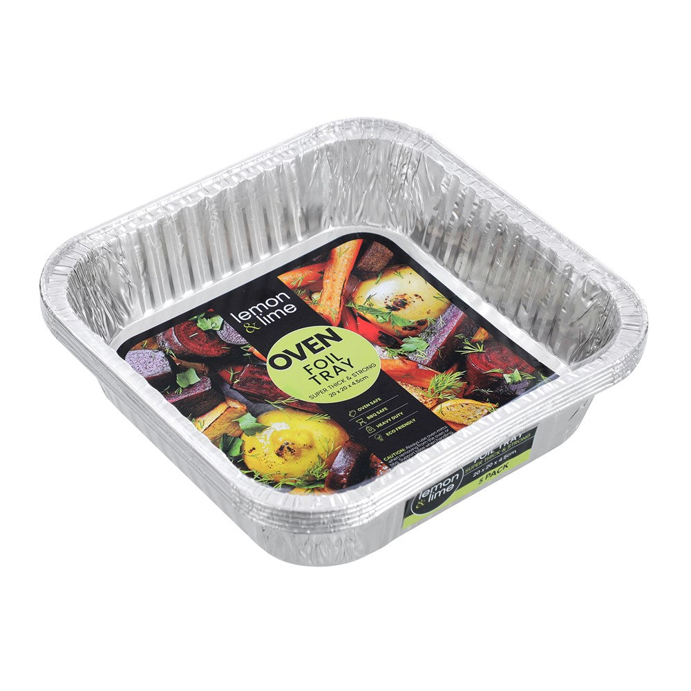 5 Pack Square Foil Tray 20cm x 20cm x 4.5cm