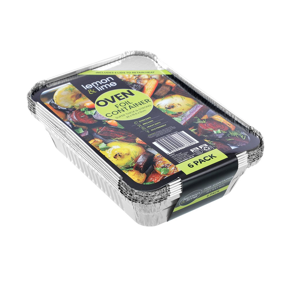 6 Pack Rectangle Foil Container With Lid 22cm x 15.5cm x 5cm