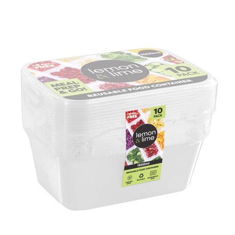10 Pack Rectangle Reusable Food Container 1.5L