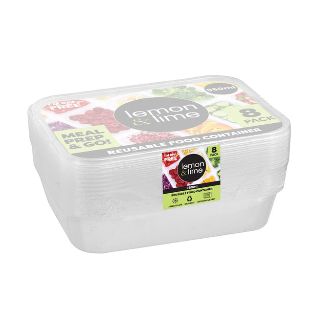 8 Pack Rectangle Reusable Food Container 950ml