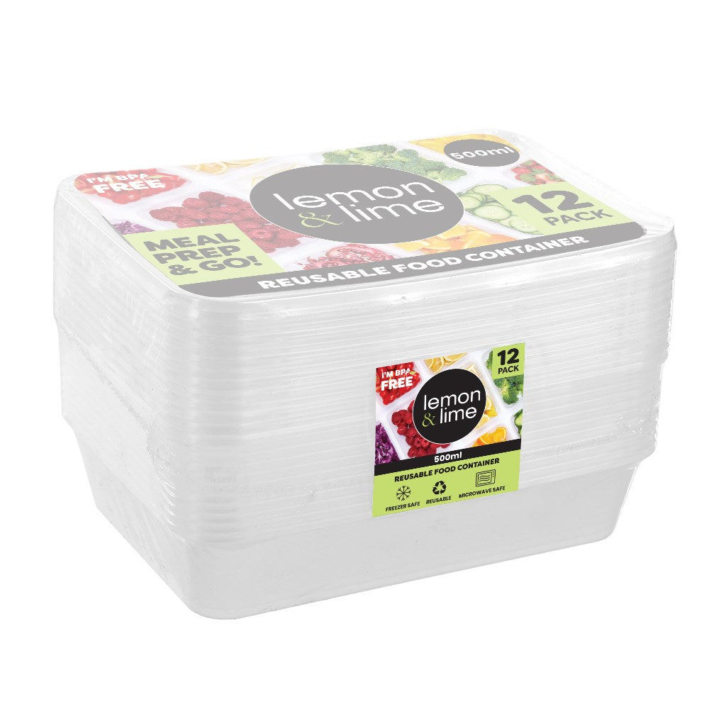 12 Pack Rectangle Reusable Food Container 500ml
